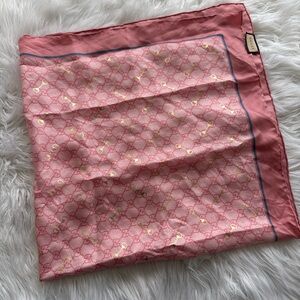 Gucci Coral Pink Silk Logo Scarf with Navy Trim
